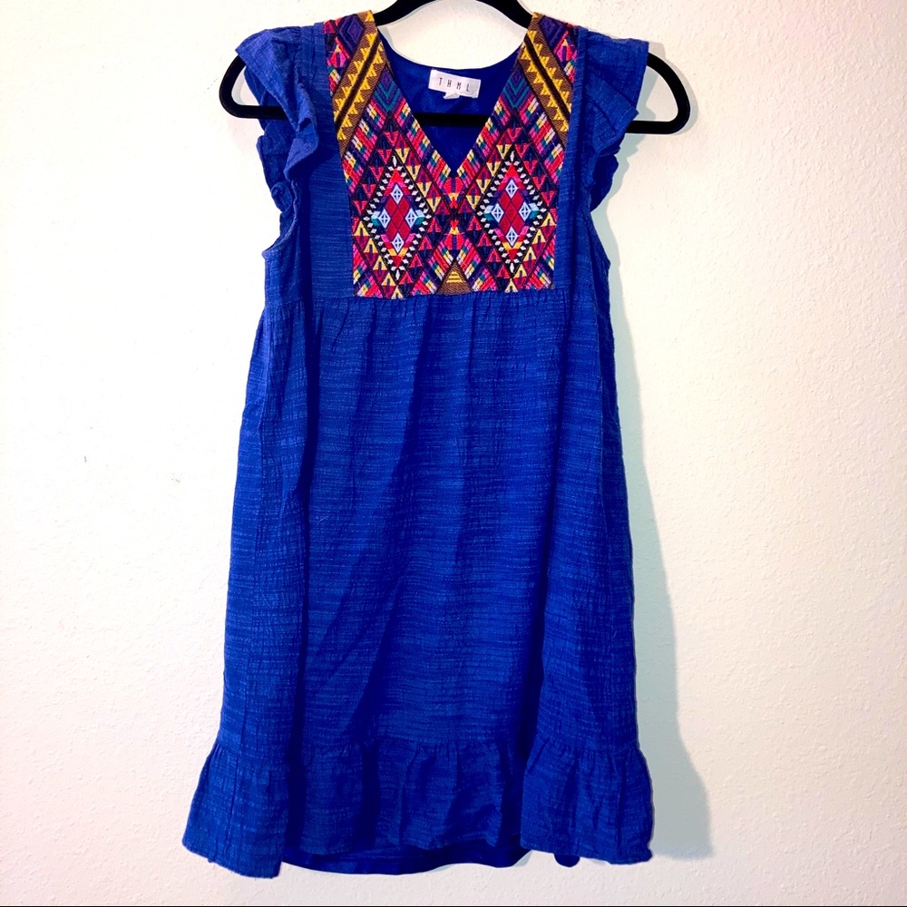 Anthropologie Blue Dress with Multicolor Embroidery